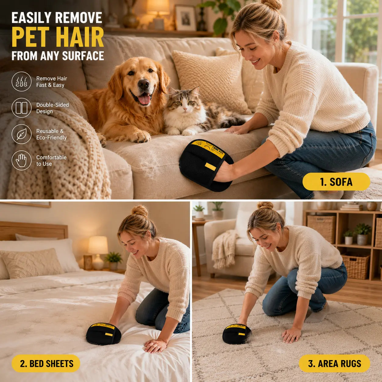 Reusable Pet Hair Remover Glove for Cats & Dogs – Electrostatic Grooming Mitt for Couch, Clothes, Carpet & Car Seats